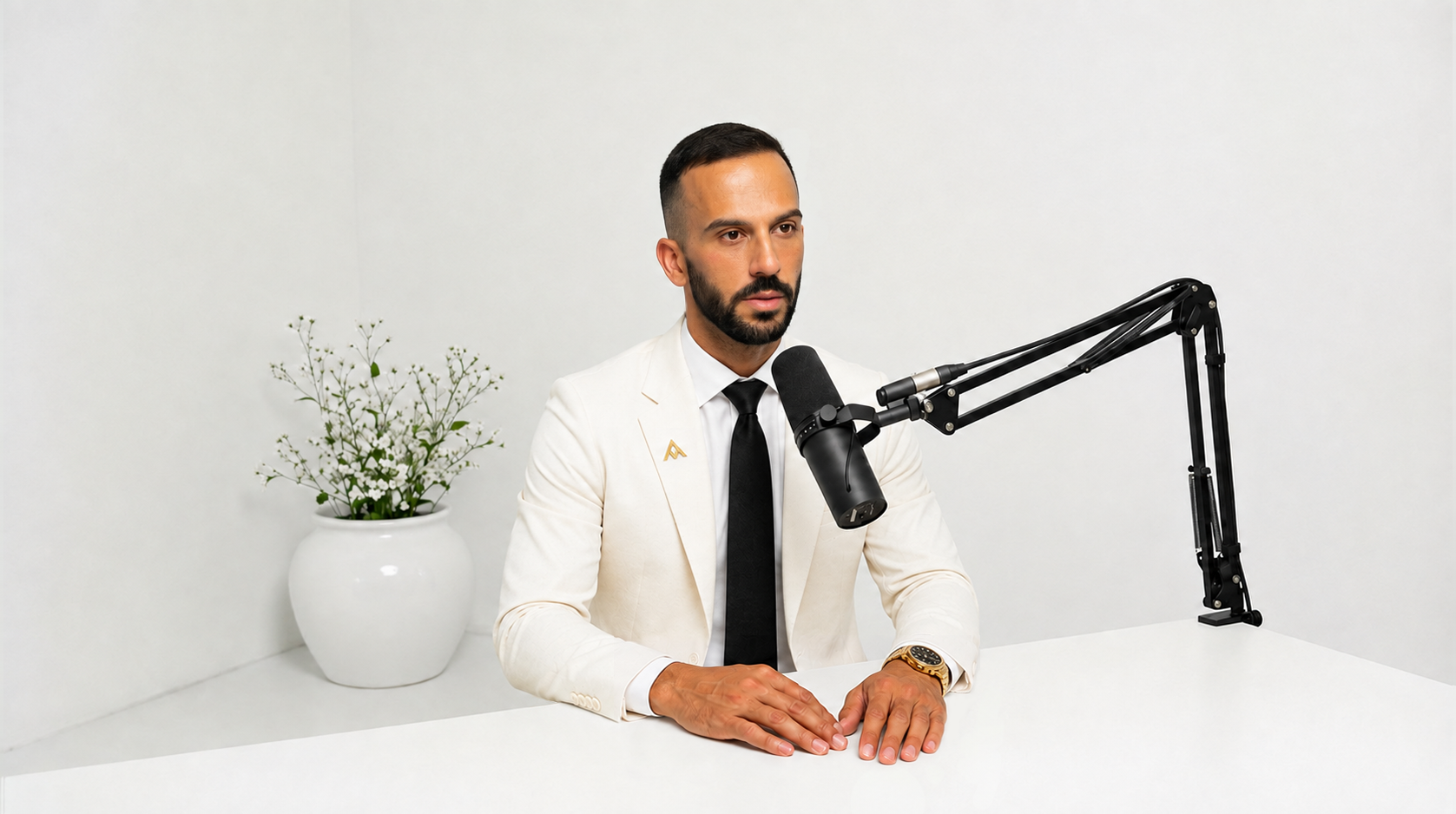 Ashkan Masoumian speaking at a microphone